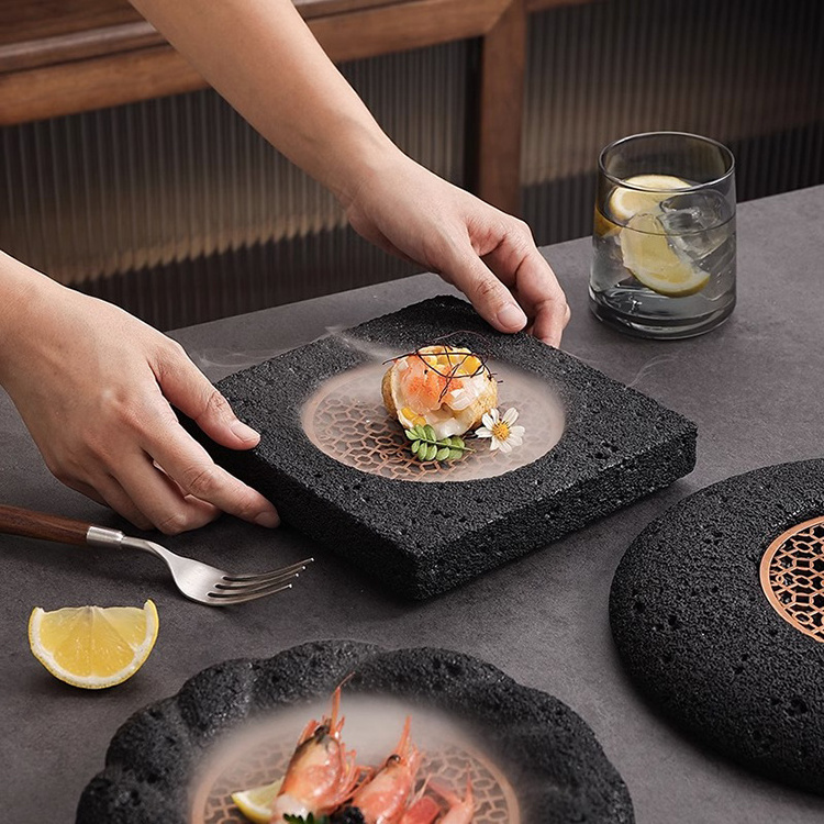 Concrete Volcanic rock Bowl and plae Stone style Molecular cuisine creative volcanic stone spherical lunar bowl for meat