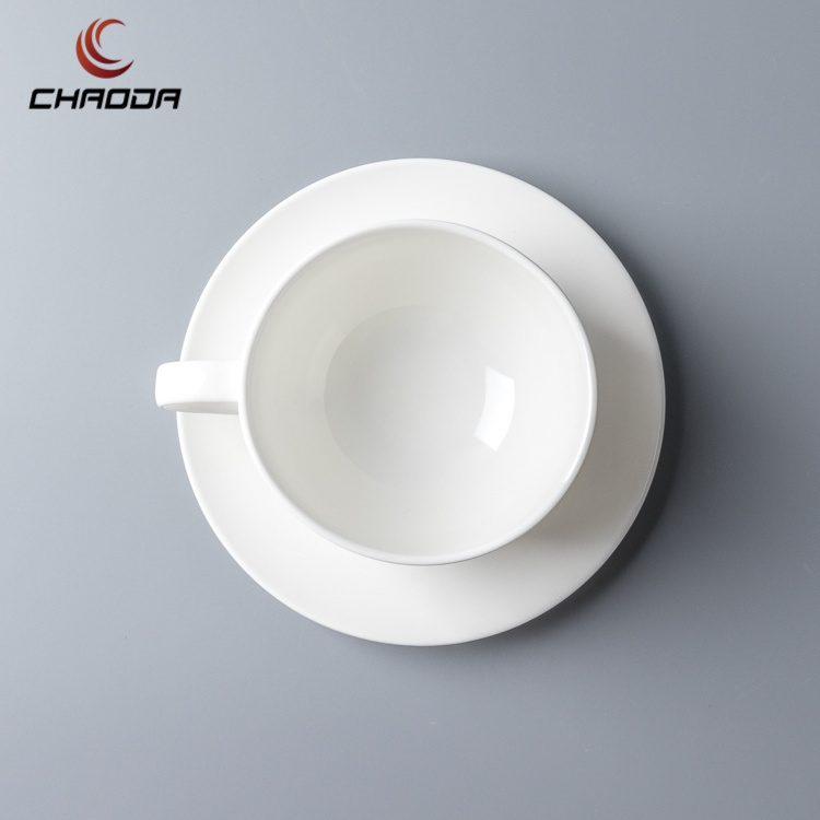 ChaoDa Factory Sale 380ml White Porcelain Tea Cup And Saucer Wholesale For Hotel And Restaurant Ceramic coffee cup sets