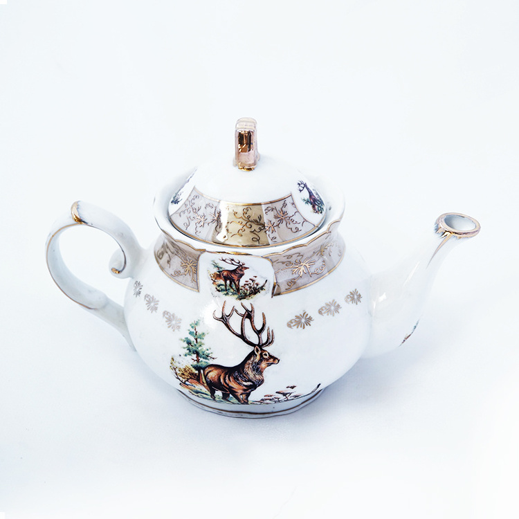 Factory Price Tea Set Porcelain 9 Inch Coffee Golden Elk Custom Printed Ceramic Teapot  For Wedding