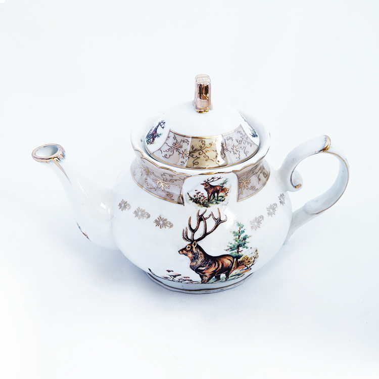 Factory Price Tea Set Porcelain 9 Inch Coffee Golden Elk Custom Printed Ceramic Teapot  For Wedding