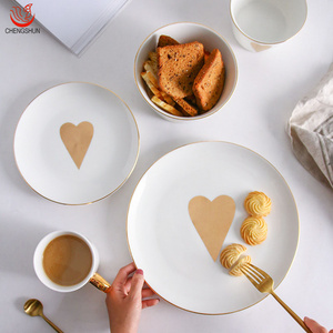 Modern Ceramic Porcelain Golden Rim Dinner Dish Plates With Golden Heart Pattern For Wedding Party