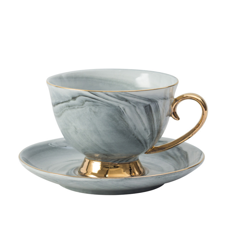 Custom Logo Available New Marble Design Porcelain Coffee Cups And Saucers Set With Golden Handle For GIfts