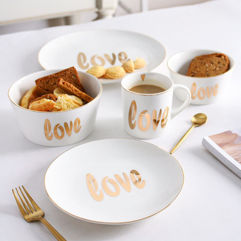 Modern Ceramic Porcelain Golden Rim Dinner Dish Plates With Golden Heart Pattern For Wedding Party