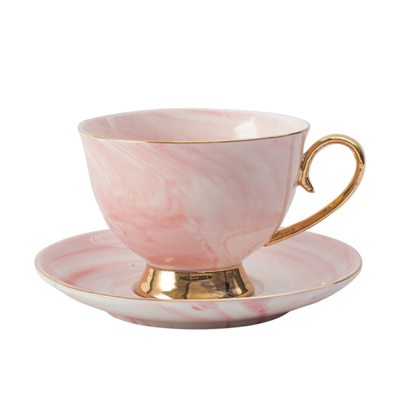 Custom Logo Available New Marble Design Porcelain Coffee Cups And Saucers Set With Golden Handle For GIfts