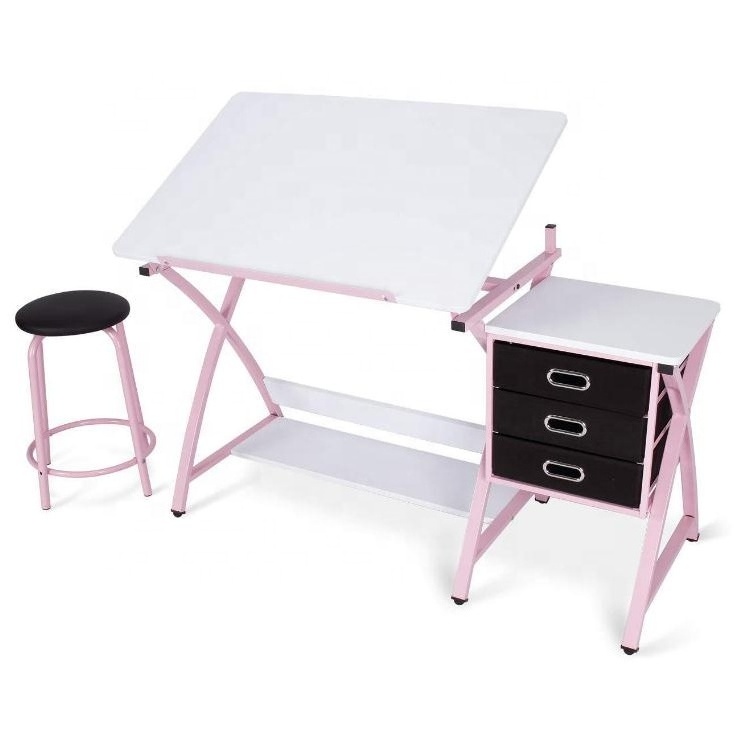 Wood Metal Drawing Drafting Craft Art Table Folding Adjustable Desk w/Stool - Black/White for Children Adult