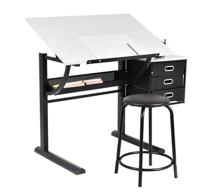 Wood Metal Drawing Drafting Craft Art Table Folding Adjustable Desk w/Stool - Black/White for Children Adult