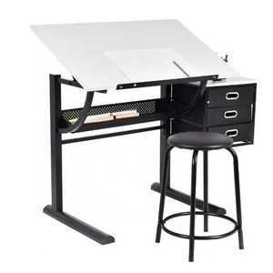 Wood Metal Drawing Drafting Craft Art Table Folding Adjustable Desk w/Stool - Black/White for Children Adult