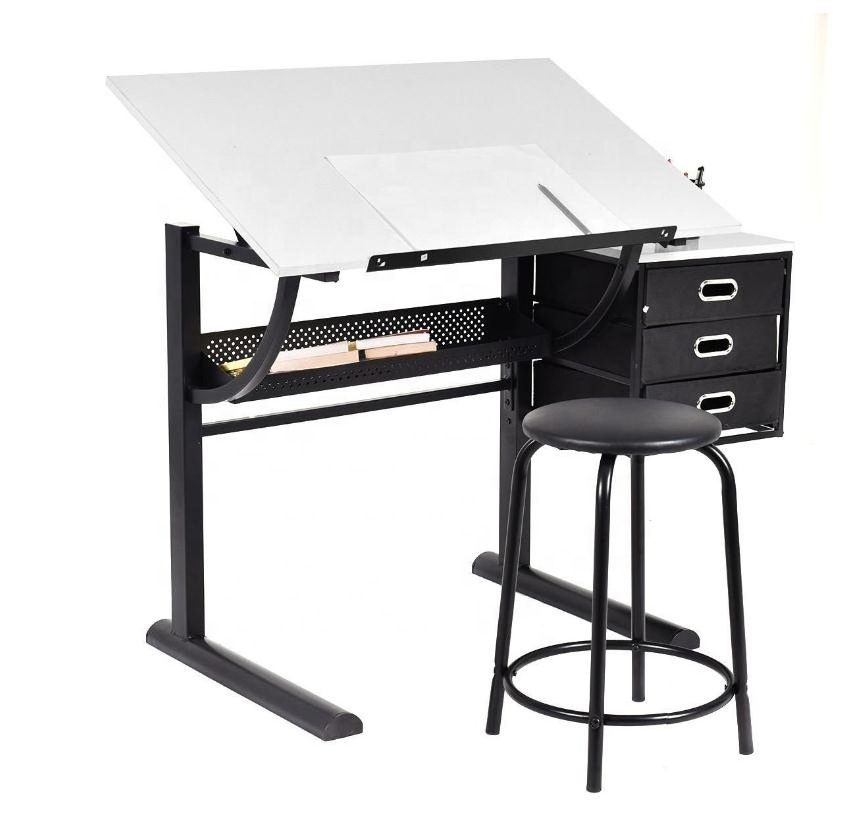 Wood Metal Drawing Drafting Craft Art Table Folding Adjustable Desk w/Stool - Black/White for Children Adult