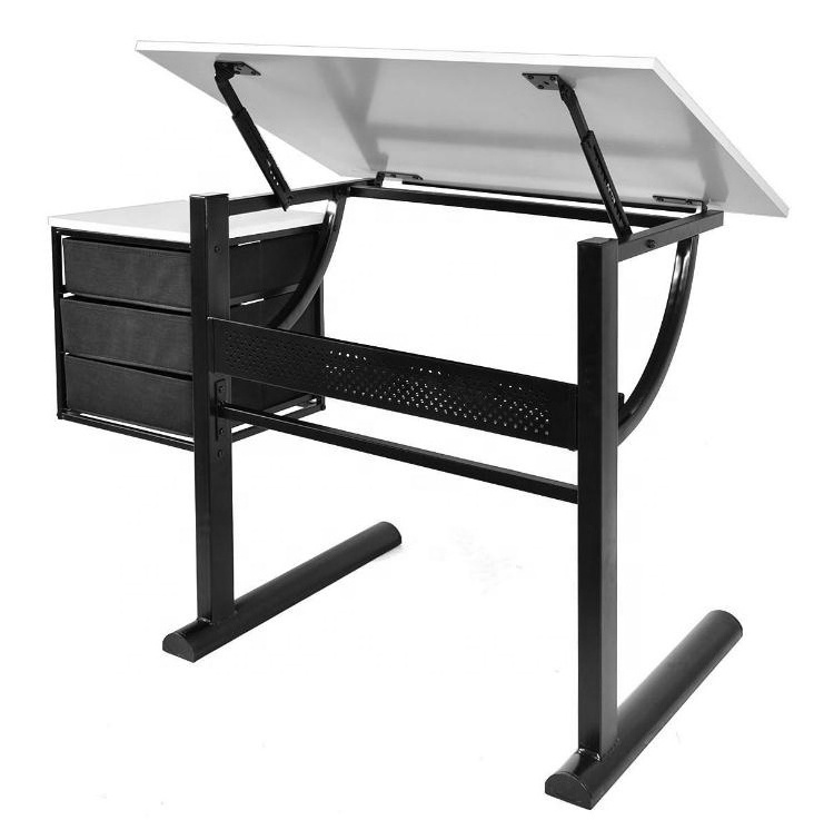 Wood Metal Drawing Drafting Craft Art Table Folding Adjustable Desk w/Stool - Black/White for Children Adult