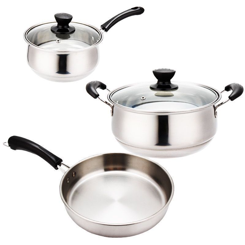 Stainless steel gift set pot  milk   soup pot  frying pan  three piece pot  cooker  kitchen cooking utensils