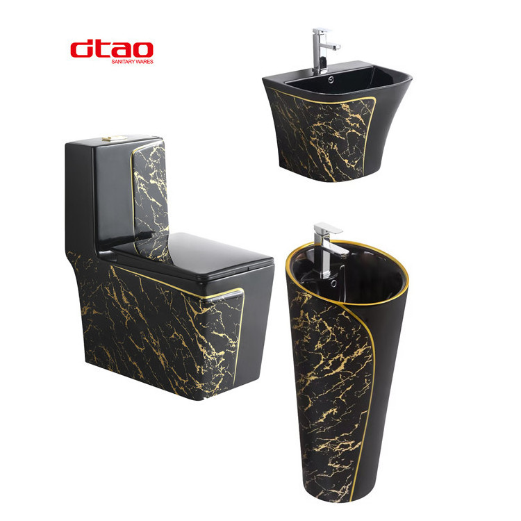 Hot sale gold black inodoros porcelain sanitary ware black gold color toilet bowl one piece ceramic bathroom sink and toilet set