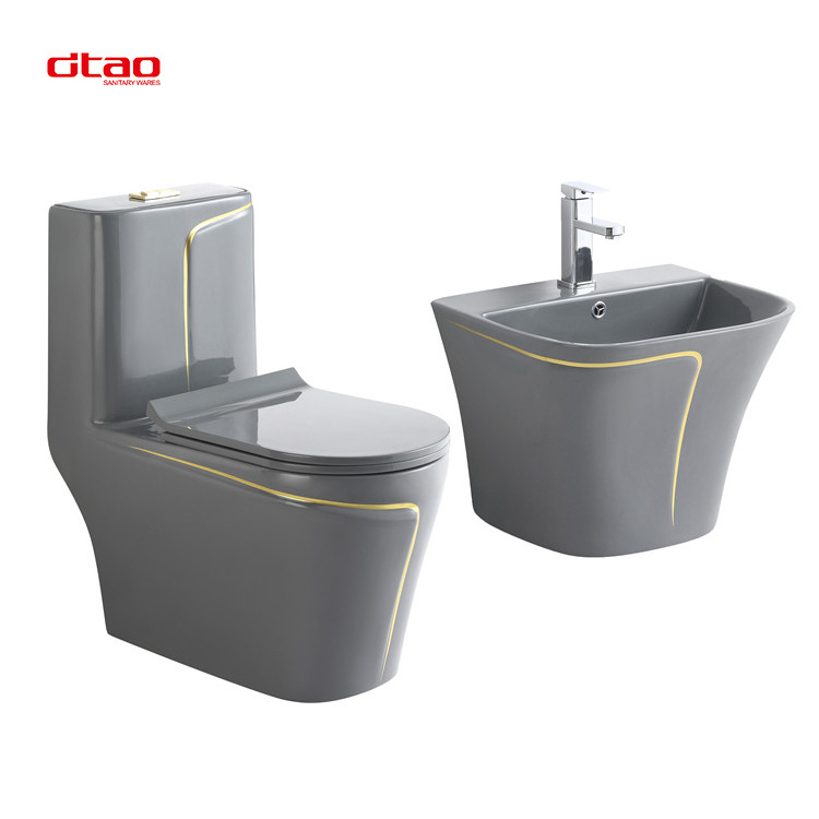 Sanitary Ware Grey Gold Bathroom P-trap/S-trap Toilet Bowl And Wall Hung Basin Ceramic One Piece WC Toilets Gray Toilet Set