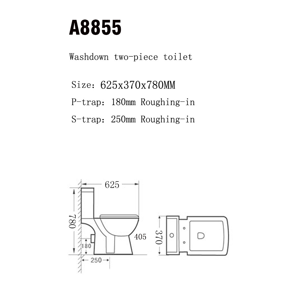 A8855 Chaozhou Modern Ceramic Floor Mounted  P trap Two Piece Wc Toilet Bowl Sale Soft Cover  White Seat Style Pattern Bathroom