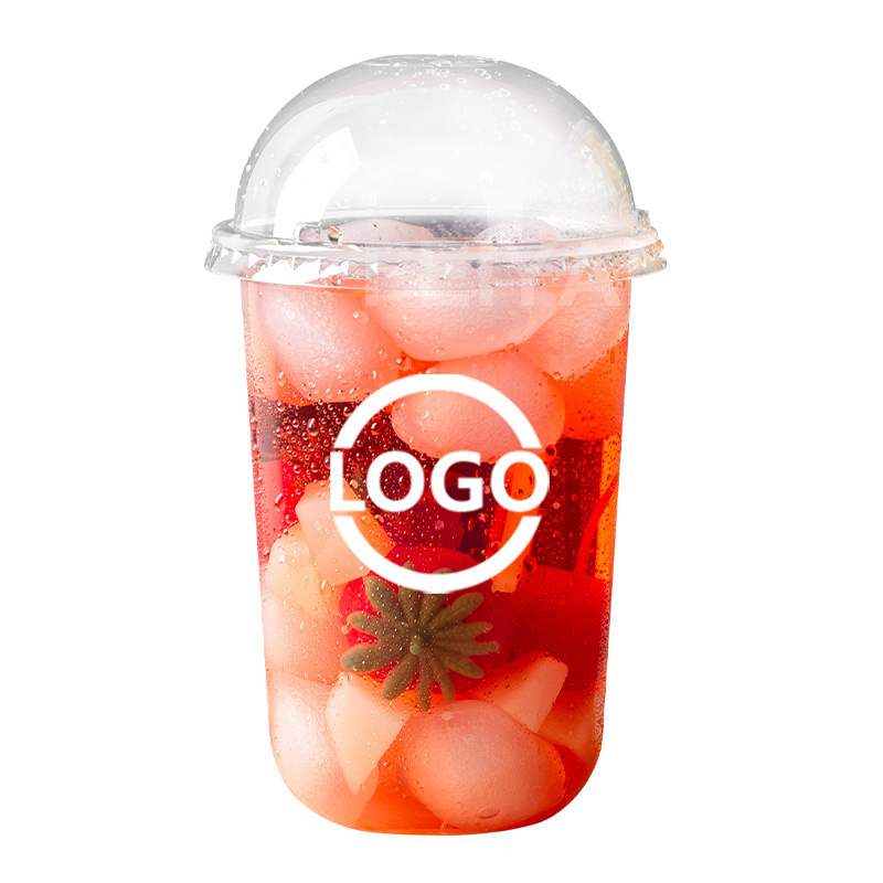 Custom Logo 16oz 20oz 22oz 24oz clear print bubble tea U-shaped pet disposable plastic cup with insert dome lid