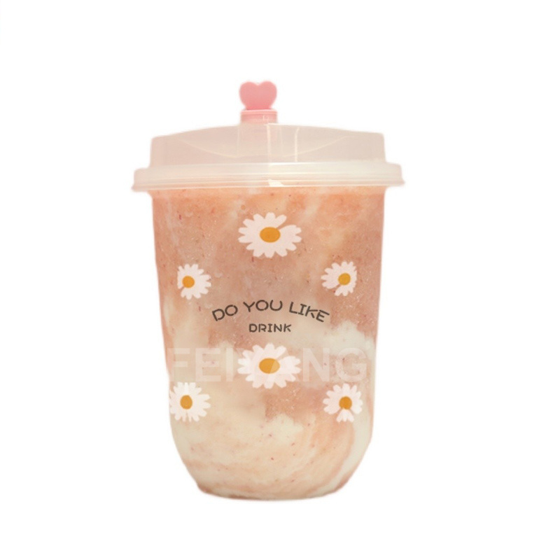 Custom Logo 16oz 20oz 22oz 24oz clear print bubble tea U-shaped pet disposable plastic cup with insert dome lid