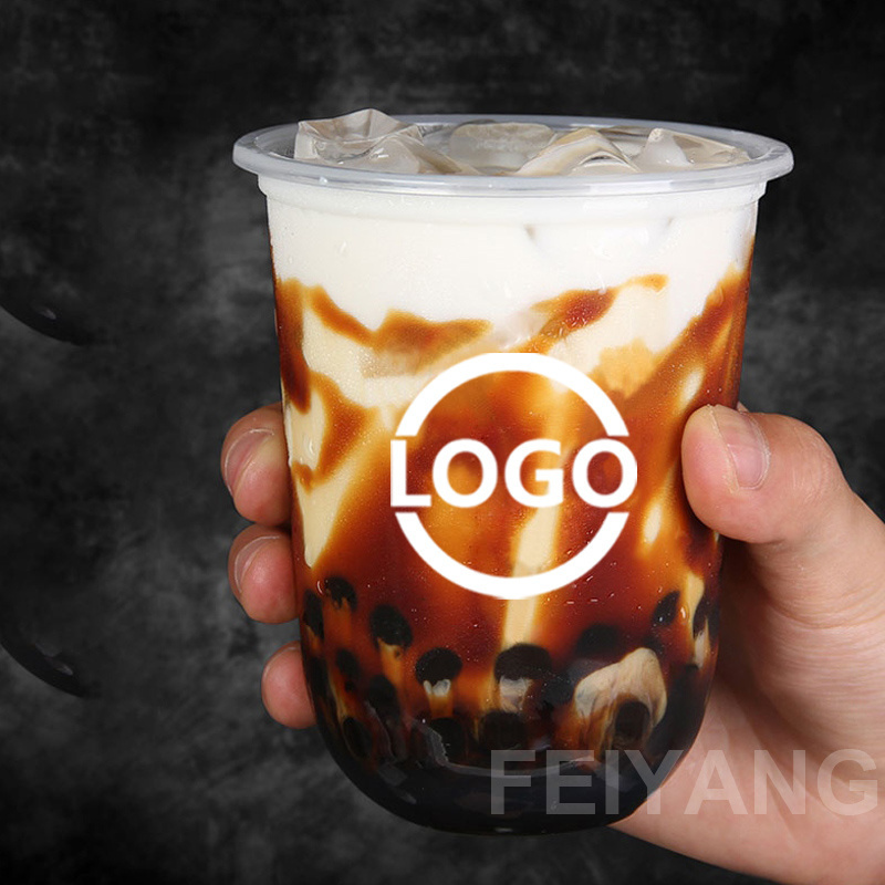 Custom Logo 16oz 20oz 22oz 24oz clear print bubble tea U-shaped pet disposable plastic cup with insert dome lid