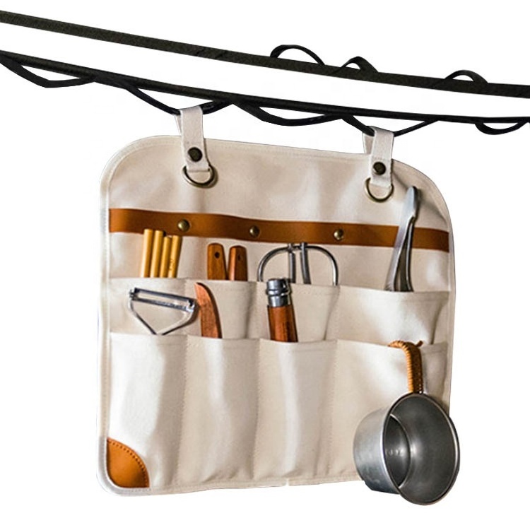 Canvas Cooking Cutlery Utensil Organizer Camping Picnic Hanging Tableware Storage Bag for BBQ Travel Kitchen