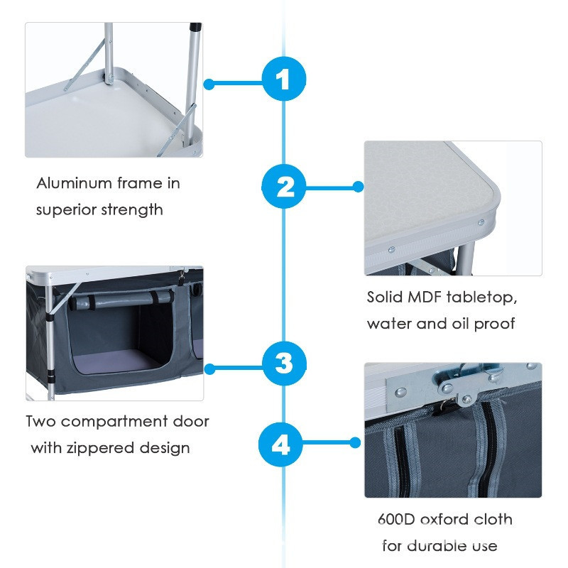 Portable Aluminum Lightweight Kitchen Cupboard Large Capacity Folding Camping Table with Storage Compartment