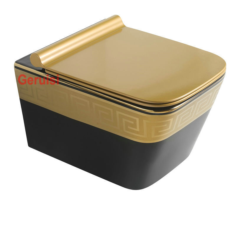 Ceramic Rimless Wholesale Electroplated Bathroom Washdown One piece Gold And Black  Color Wall Hung Toilet with Concealed Tank