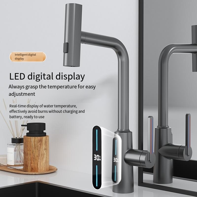 LED digital display Draw and pull freely Refined copper Faucet Water Tap Universal rotation faucet for Kitchen washing