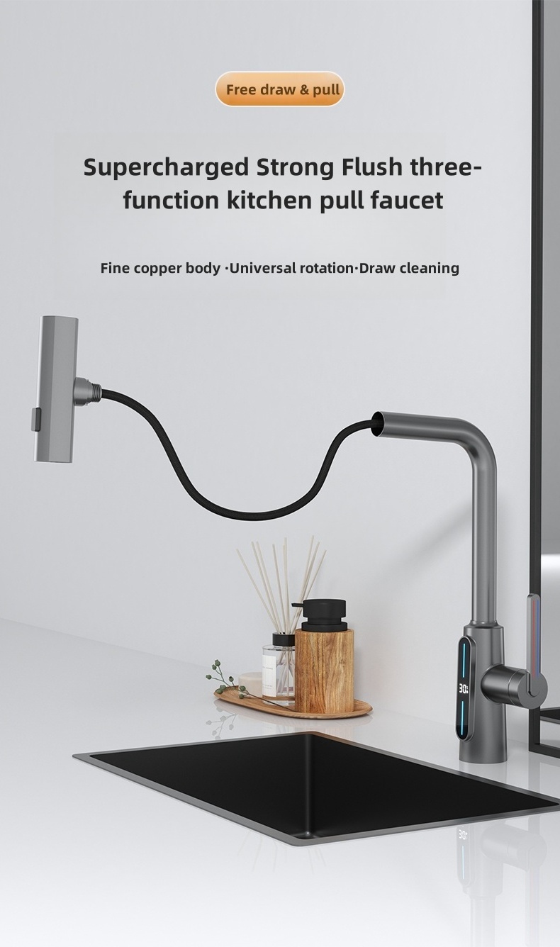 LED digital display Draw and pull freely Refined copper Faucet Water Tap Universal rotation faucet for Kitchen washing