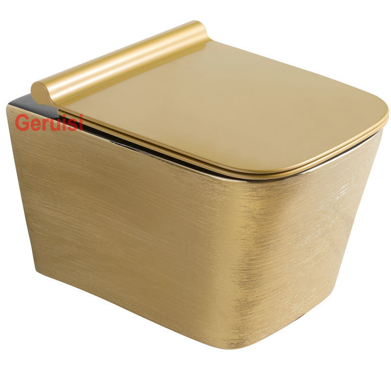 Ceramic Rimless Wholesale Electroplated Bathroom Washdown One piece Gold And Black  Color Wall Hung Toilet with Concealed Tank