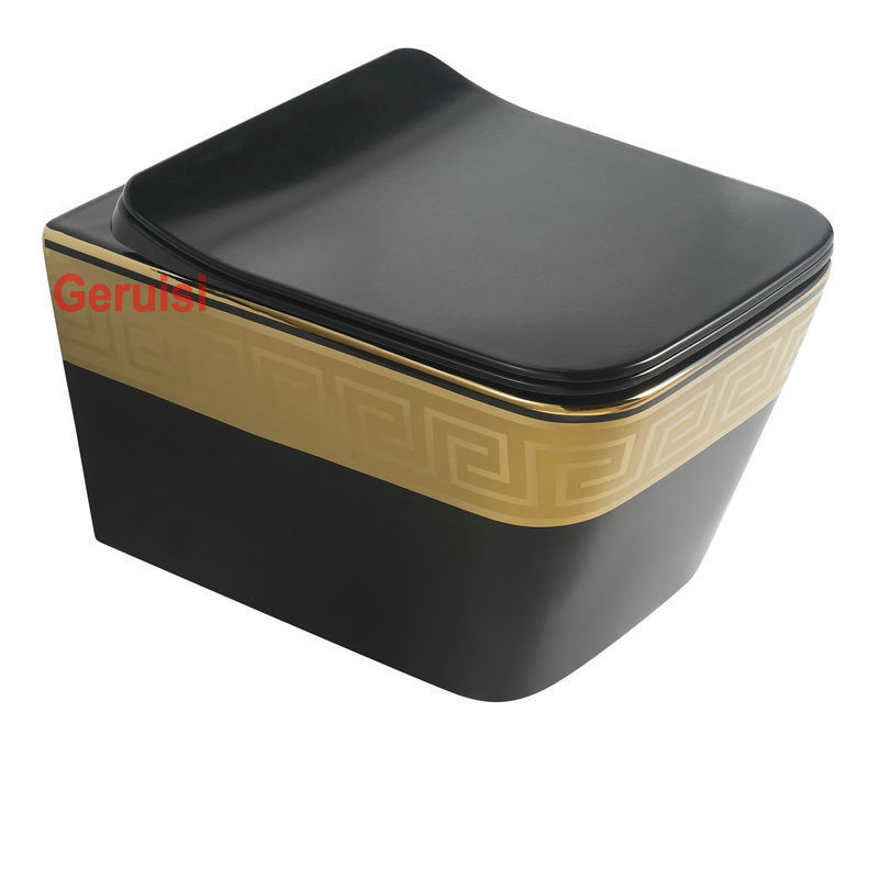 Ceramic Rimless Wholesale Electroplated Bathroom Washdown One piece Gold And Black  Color Wall Hung Toilet with Concealed Tank