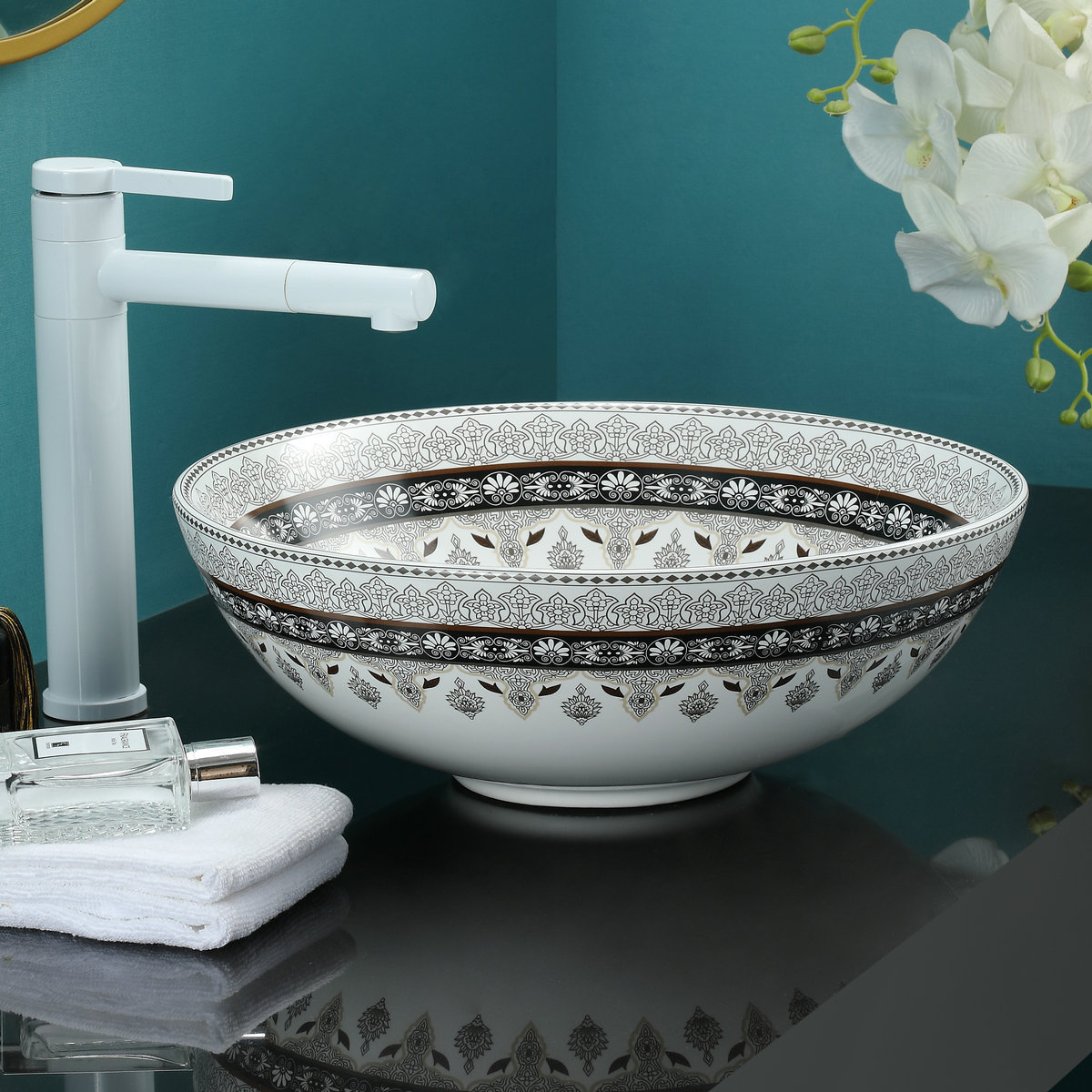 Round Bowl Ceramic Basin Custom Color Glossy Bathroom One piece Above Counter Top Basin Sink with Art Pattern