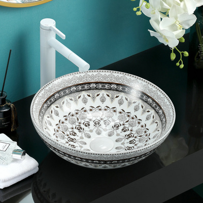 Round Bowl Ceramic Basin Custom Color Glossy Bathroom One piece Above Counter Top Basin Sink with Art Pattern