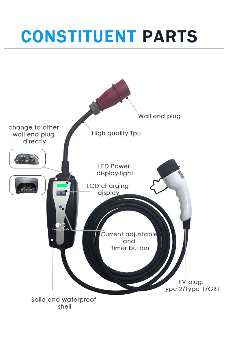 Level 2 7kw 11kw 22kw 16A 32A Type 2 Portable AC EV Car Charger Station Type 2 With Optional Plugs for Hyundai Tesla EV