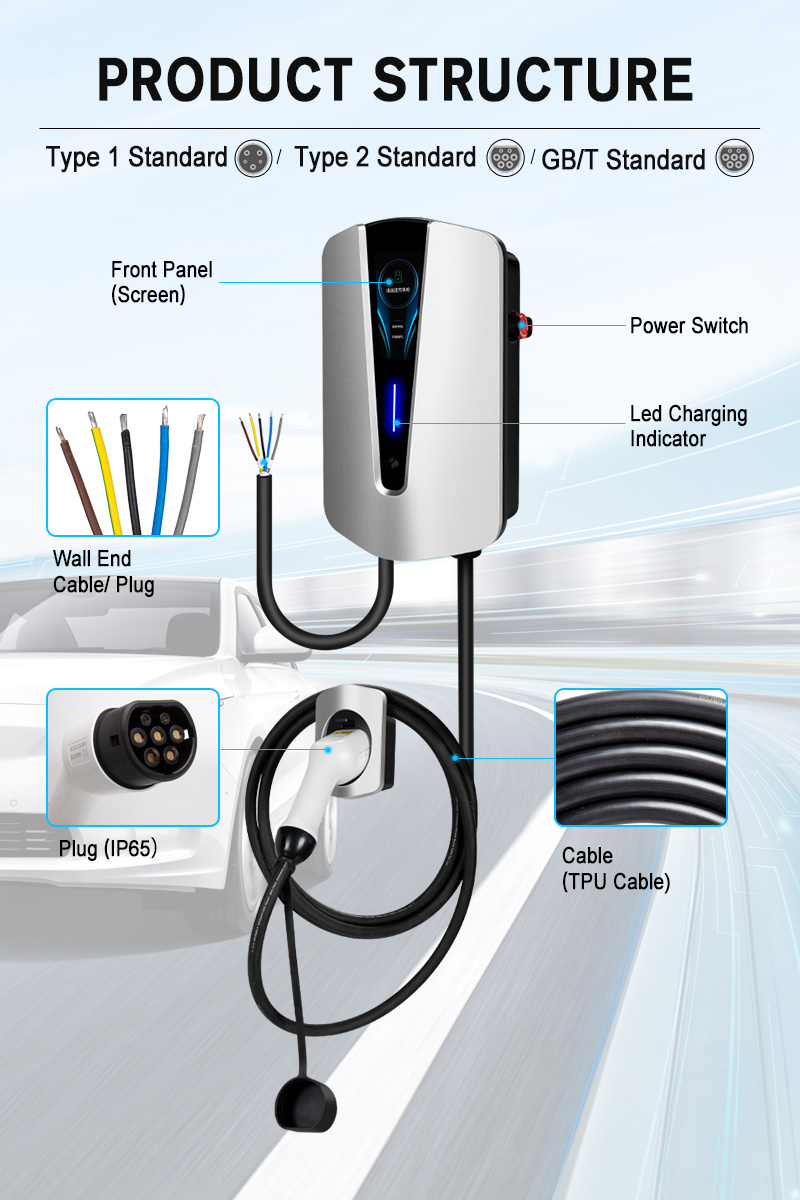 250V 380V AC 7kw 11kw 22kw EV Electric Car Charger Type 2 Station 16A 32A With Wifi Tuya