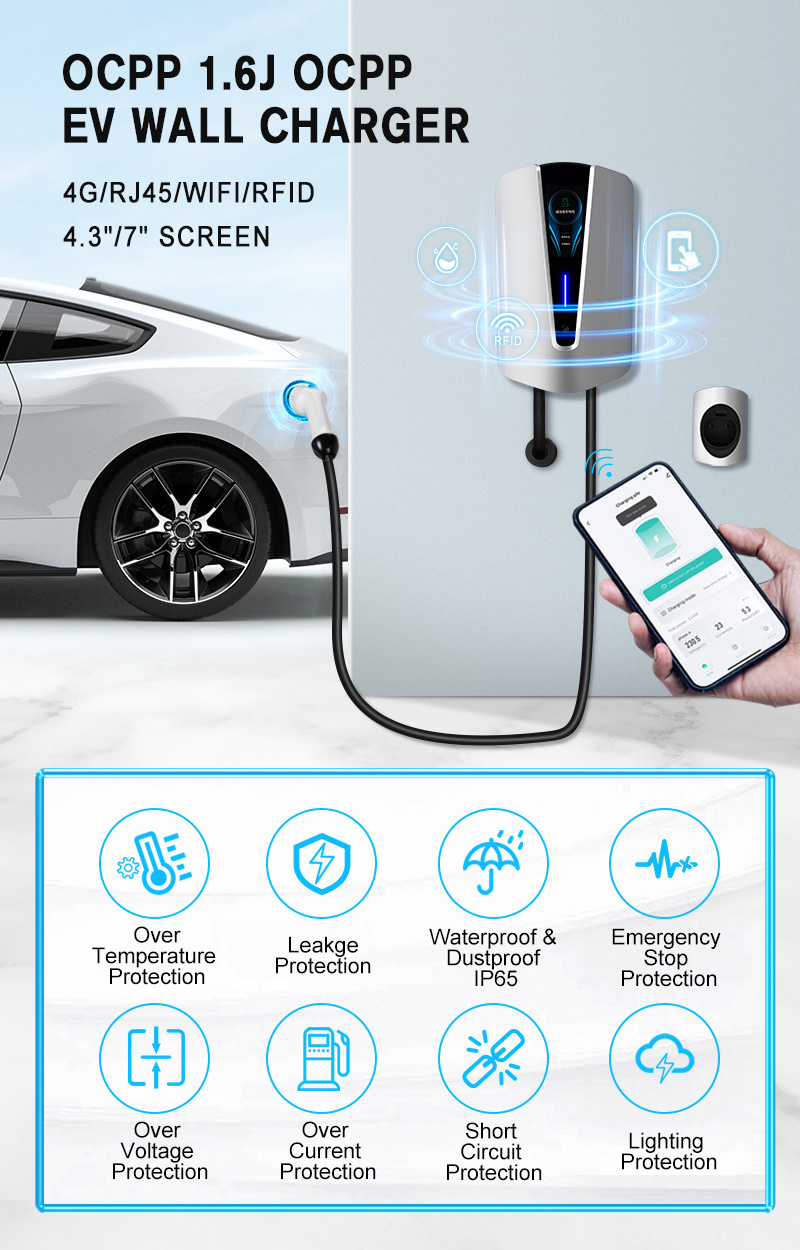 250V 380V AC 7kw 11kw 22kw EV Electric Car Charger Type 2 Station 16A 32A With Wifi Tuya