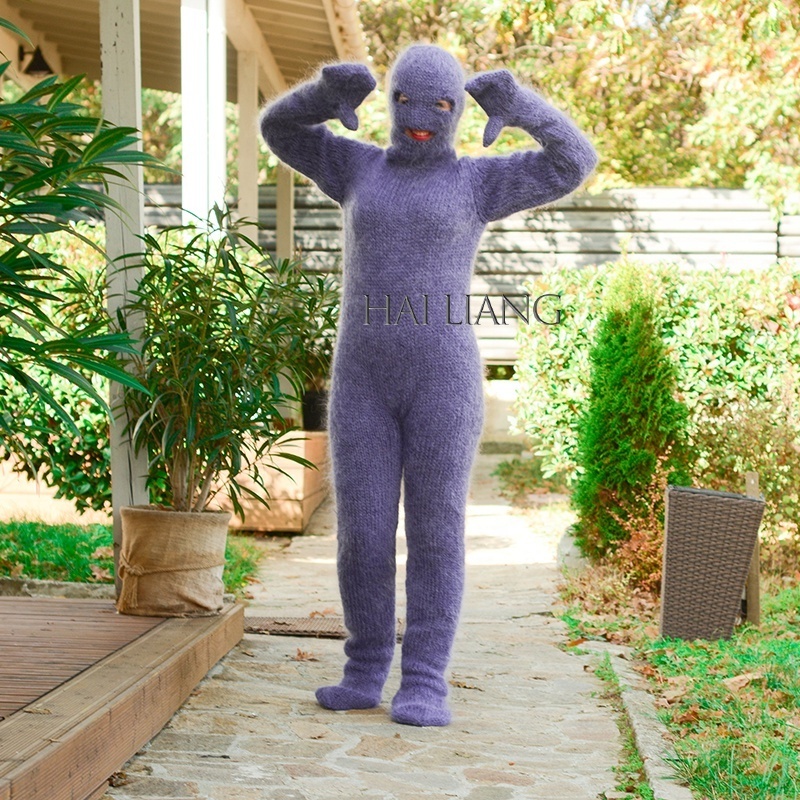 Women Clothing 2022 Women's Sweater Custom Hand Made Knitted Mohair Sweater Catsuit With Balaclava Socks Mittens bodysuit zentai