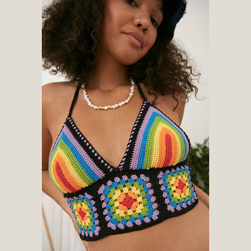 Crochet bikini vest Women rainbow sleeveless lace up hollow out Mesh Sheer sexy jumpsuit Cover up girls tassels crocheted tops