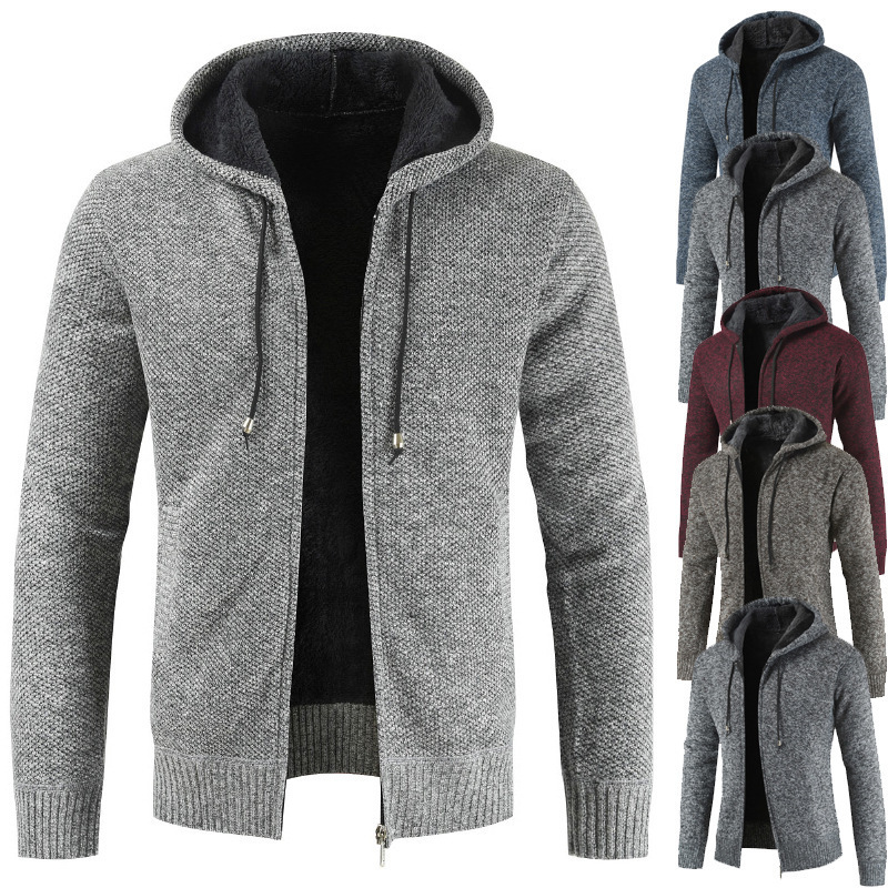 High Quality Men's Sweaters Cardigan Men Plus Size Zipper Knitted Drawstring Hoodie Cardigan Zip Fleece Lined Coat Sweater Men