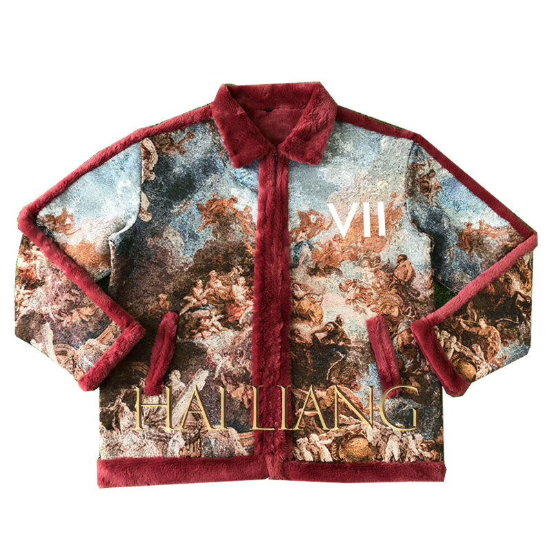 High Quality Custom Tapestry Jackets Women Puffy Red Faux Leather Jacket With Fur Women's zipper Woven Jacquard Coats