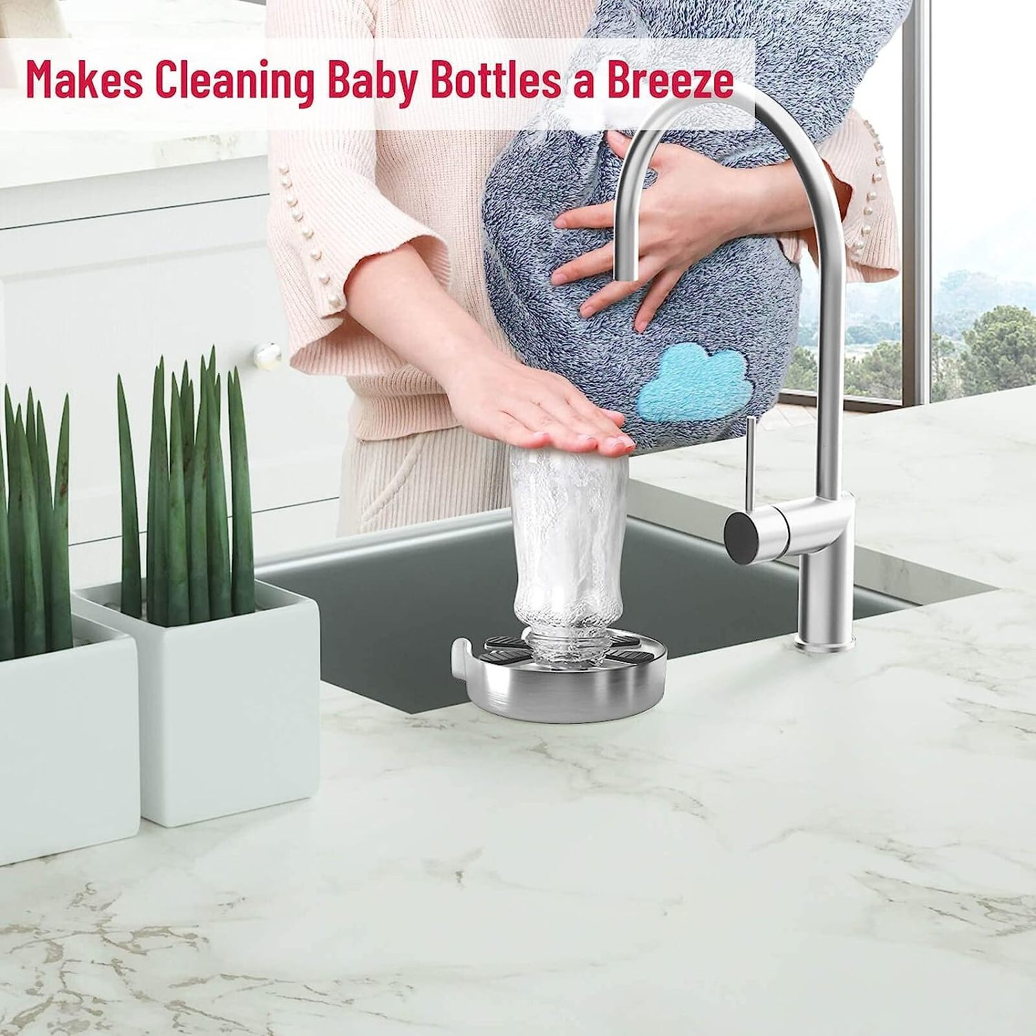 Automatic Glass Rinser - Powerful Cup Washer for Kitchen Sink, Stainless Steel Baby Bottle Cleaner, Metal Spray Bar Attachment