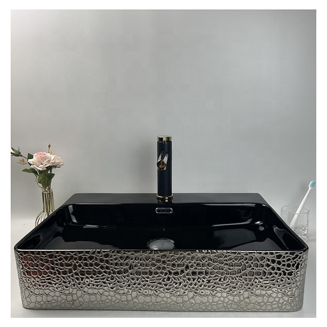 Bathroom Crocodile Leather Rectangular Large Silver Electroplate Art Countertop Sink Washing Basin