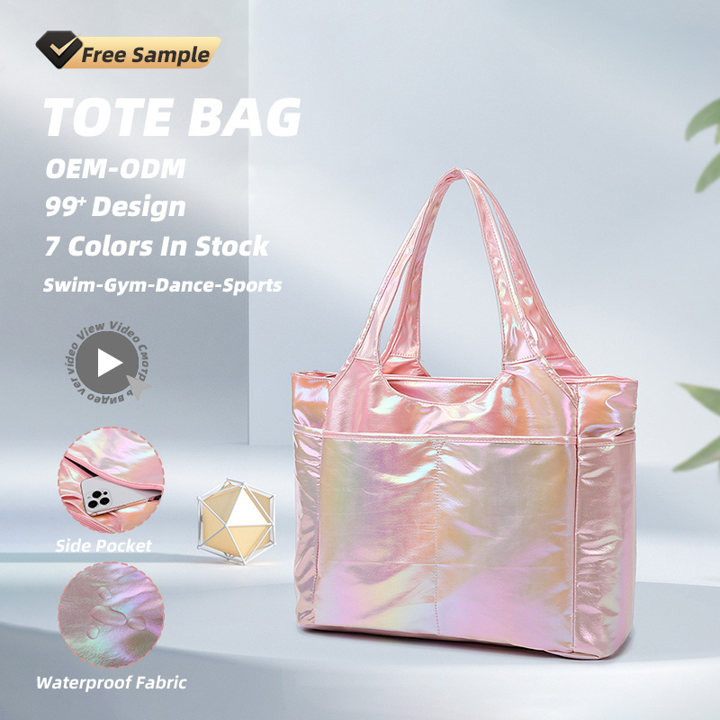 Bright Custom Logo Pearlescent fabric Waterproof Large Capacity Wet Dry Pocket  Sports Handbag Travel Bag with Shoe Compartment