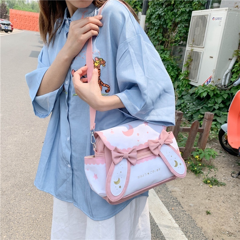 Anime Star Moon Bunny Rabbit Ear Open Cover Cute Colorful Shoulder Mini Messenger Fashion Tote Canvas Crossbody Fabric Purse Bag