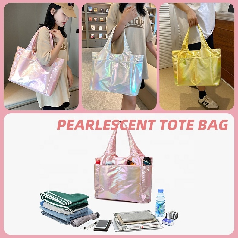 Bright Custom Logo Pearlescent fabric Waterproof Large Capacity Wet Dry Pocket  Sports Handbag Travel Bag with Shoe Compartment