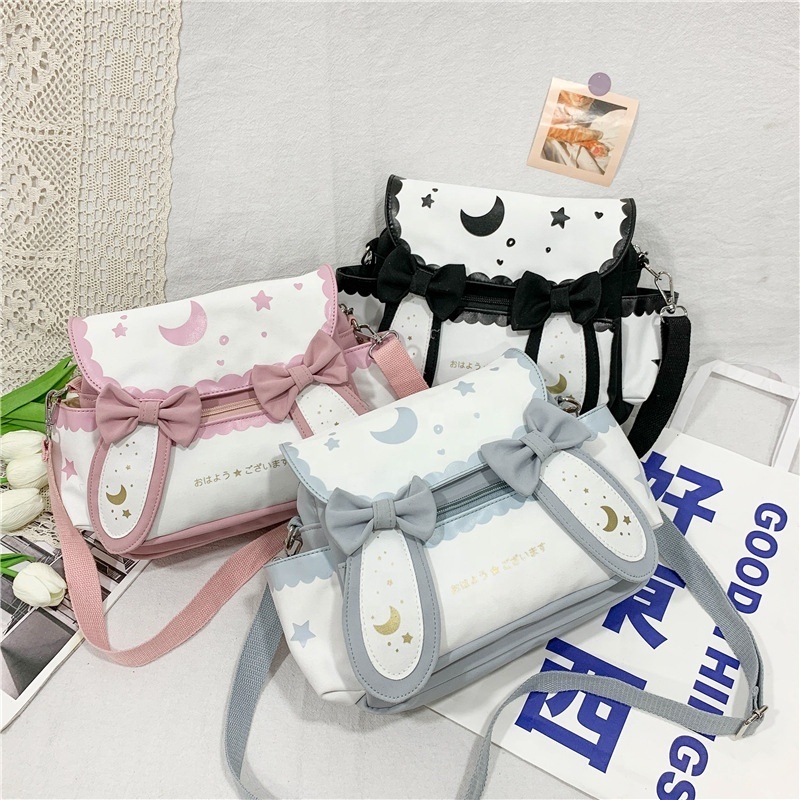 Anime Star Moon Bunny Rabbit Ear Open Cover Cute Colorful Shoulder Mini Messenger Fashion Tote Canvas Crossbody Fabric Purse Bag