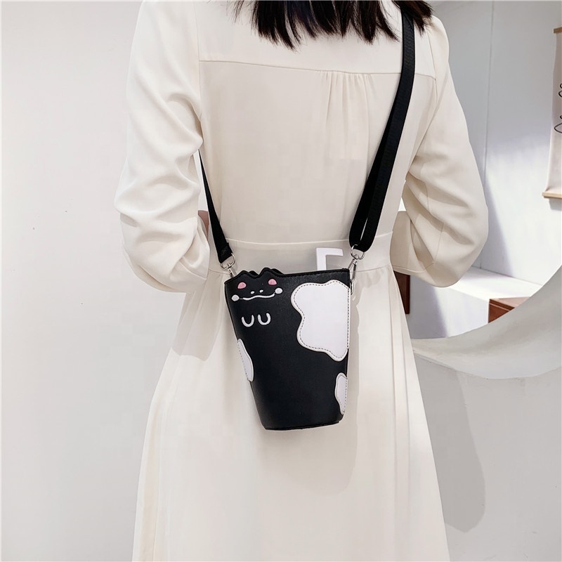 Cow Pattern Milk Tea Cup Straw Shape Pu Leather Damen Taschen Handbag Shoulder College School Bag Tas Selempang Messenger Bag