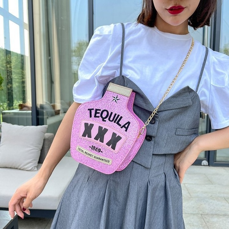 Laser Holographic Sequin Golden Silver Letter Wine Bottle Shoulder Ladies Mini Messenger Purse Fashion Clutch Tote Handbag Bag