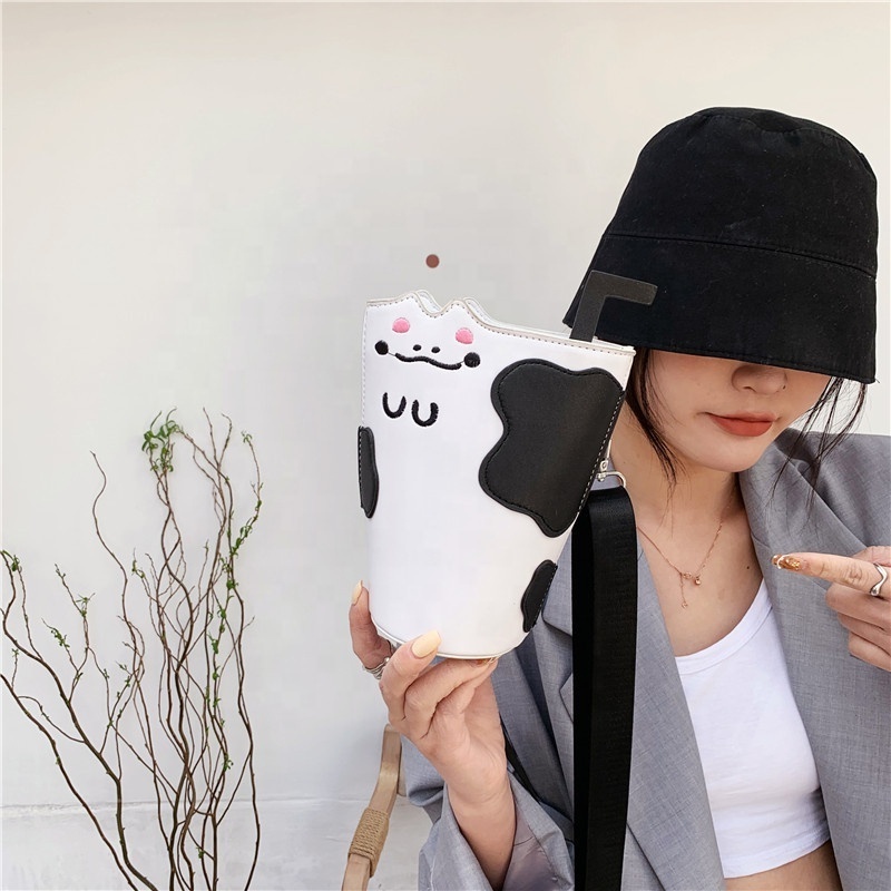 Cow Pattern Milk Tea Cup Straw Shape Pu Leather Damen Taschen Handbag Shoulder College School Bag Tas Selempang Messenger Bag