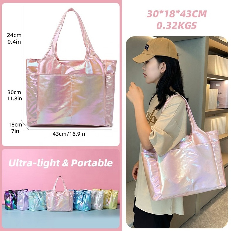 Bright Custom Logo Pearlescent fabric Waterproof Large Capacity Wet Dry Pocket  Sports Handbag Travel Bag with Shoe Compartment