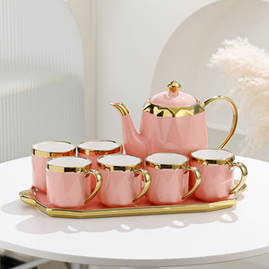 Luxury Set Of 6 pcs Cup Tea Pot And Tray Glossy Dark Pink Ceramic Tea Coffee Cup Set With Golden Trim Decor Gift Box Package