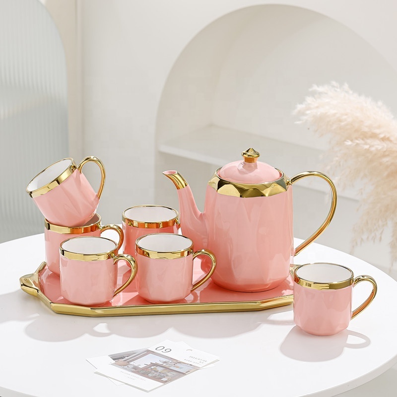 Luxury Set Of 6 pcs Cup Tea Pot And Tray Glossy Dark Pink Ceramic Tea Coffee Cup Set With Golden Trim Decor Gift Box Package