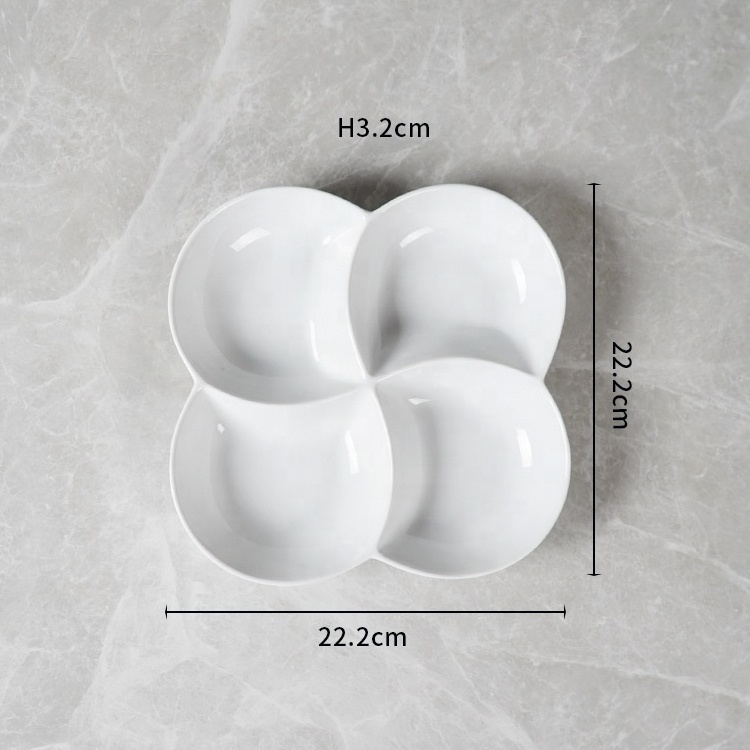 8Inch Ceramic Porcelain Four Compartment Plate Super White Flower Design Sauce Dessert Platos Assiette Wedding Plates