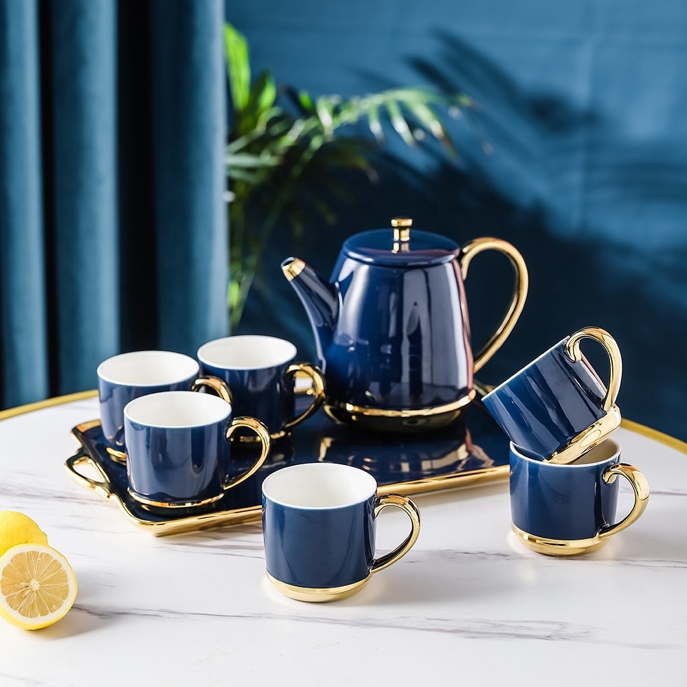 Wholesale Tea Sets And Blue 6pcs Cups And Ceramic Tray With Gold Rim Ceramic Tea Set With Polyfoam Box And Color Gift Box